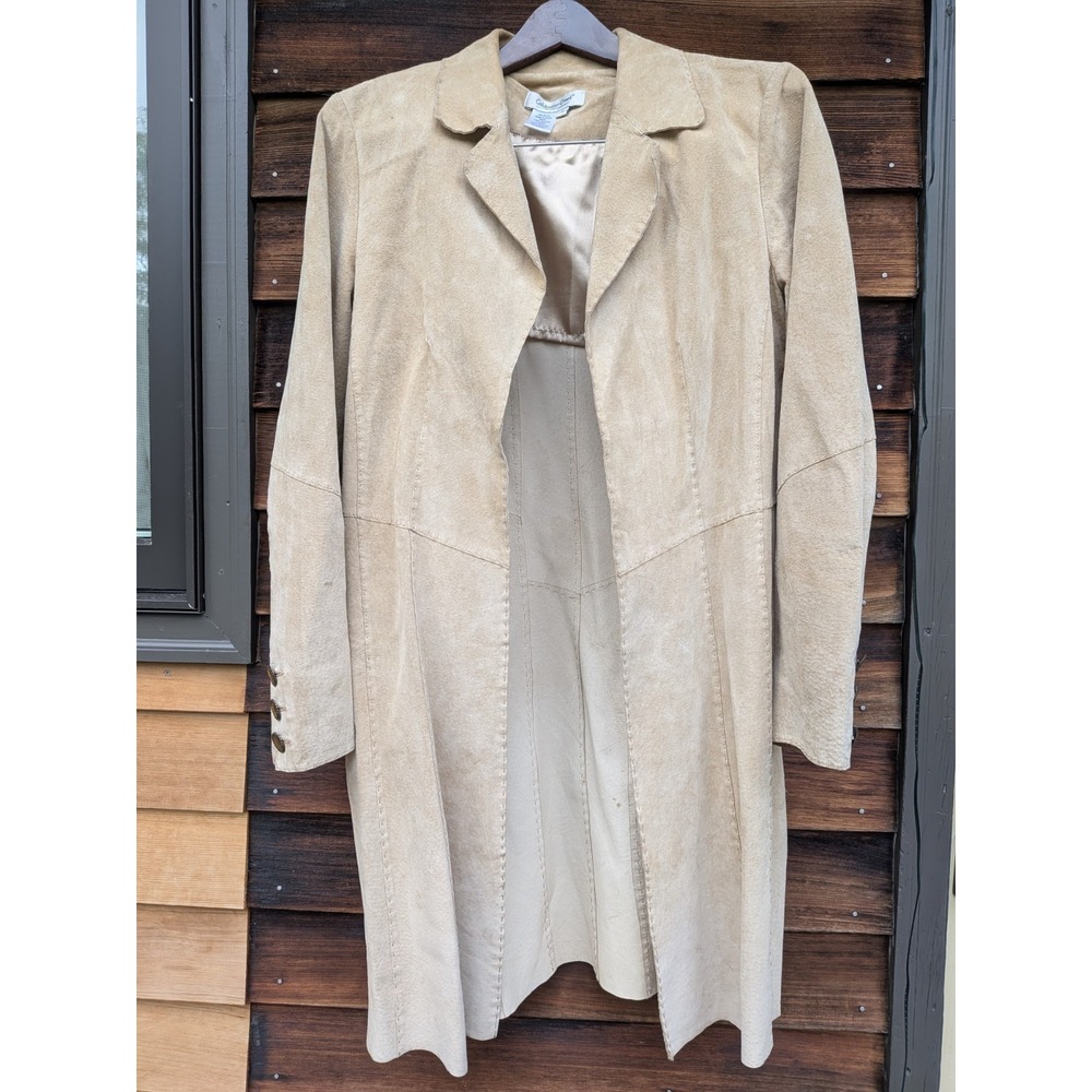 Cream Suede Leather Trench Car Coat Lagenlook Open Front Jacket Sz Sm 70s Seamed